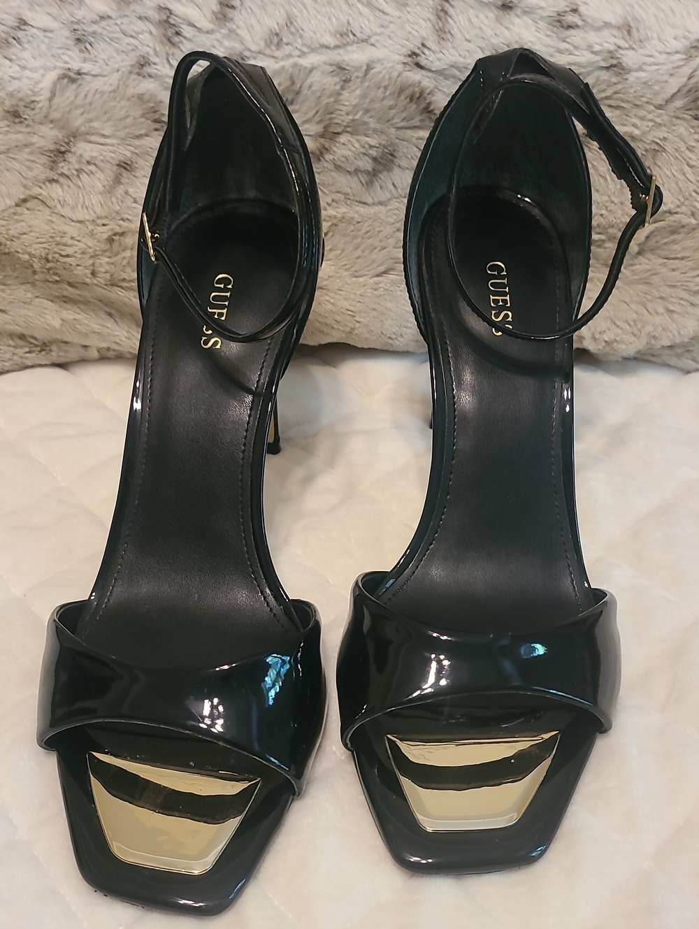 GUESS Black Patent Open-Toe Ankle-Strap Heels with Gold Accent